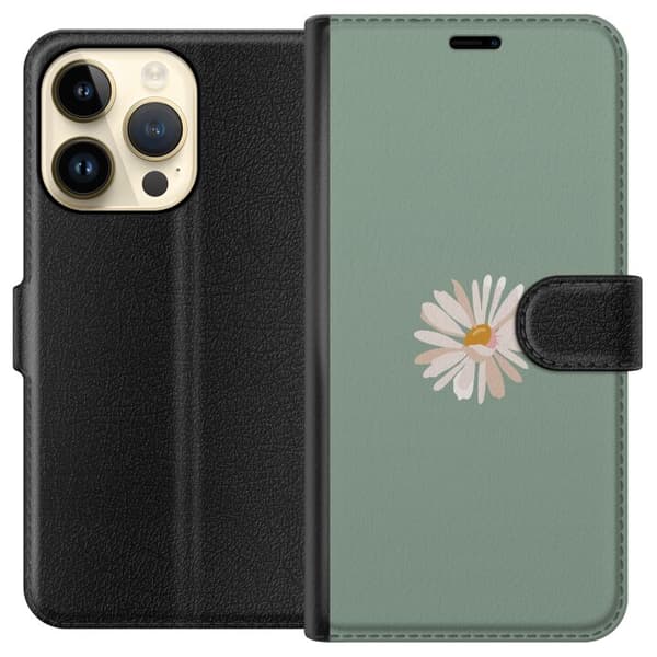 Apple iPhone 14 Pro Lommeboketui Grønn Minimalblomst - stilren blomst på grønn bakgrunn