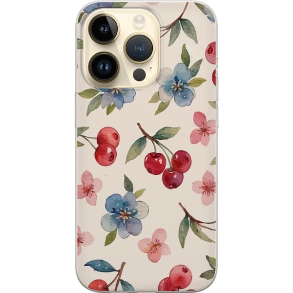 Apple iPhone 14 Pro Gennemsigtig cover Bær & Blomster - mønster med blå blomster og skovbær