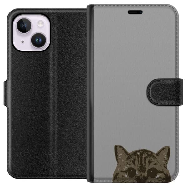 Apple iPhone 14 Plus Lompakkokotelo Harmaa kissan katse - tyylikäs kissa suunnittelu harmaalla taustalla