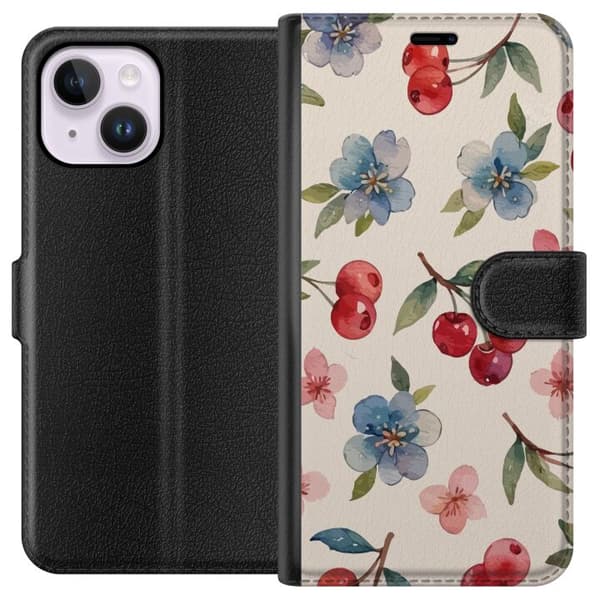 Apple iPhone 14 Plus Lompakkokotelo Marjat & Kukat - kuvio, jossa on sinisiä kukkia ja metsänmarjoja