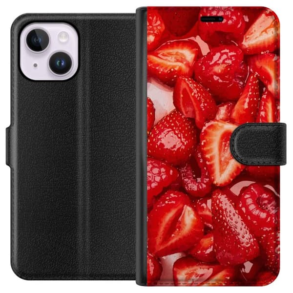Apple iPhone 14 Plus Tegnebogsetui Jordbærmønster - sødt motiv med sommerstemning