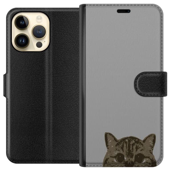 Apple iPhone 14 Pro Max Lommeboketui Grå Kattblikk - stilren katte design med grå bakgrunn