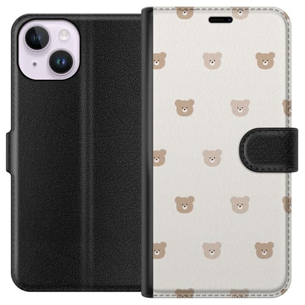 Apple iPhone 15 Tegnebogsetui Teddybaggrund - søde teddybjørne mod en blød baggrund