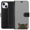 Miniatyrbillede 1 af 3: Apple iPhone 15 Plus Tegnebogsetui Grå Katteblik - stilfuld kat design med grå baggrund