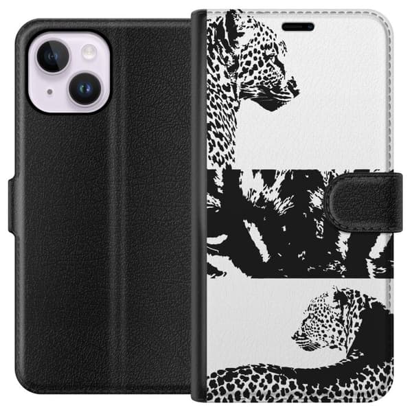 Apple iPhone 15 Plus Plånboksfodral Leopard Faces – trendigt mönster med leopardansikten