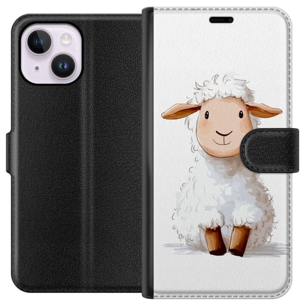 Apple iPhone 15 Plus Lompakkokotelo Suloinen Lammas - lasten ja vauvan tuotteita sarjakuvatyyliin