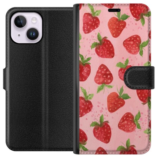 Apple iPhone 15 Plus Tegnebogsetui Jordbærdrømme - Retro-stil jordbærmønster