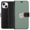 Miniatyrbillede 1 af 3: Apple iPhone 15 Plus Tegnebogsetui Grøn Minimalblomst - stilfuld blomst på grøn baggrund