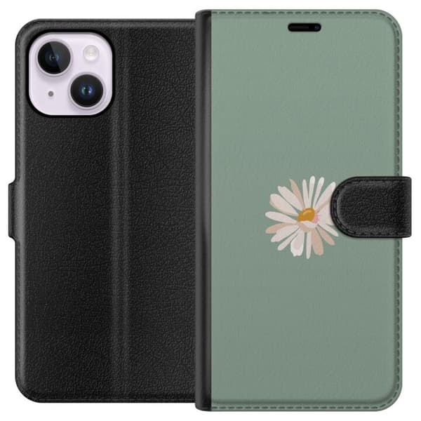 Apple iPhone 15 Plus Tegnebogsetui Grøn Minimalblomst - stilfuld blomst på grøn baggrund