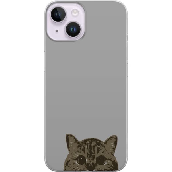Apple iPhone 15 Plus Gennemsigtig cover Grå Katteblik - stilfuld kat design med grå baggrund