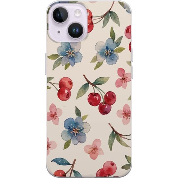 Apple iPhone 15 Plus Gennemsigtig cover Bær & Blomster - mønster med blå blomster og skovbær