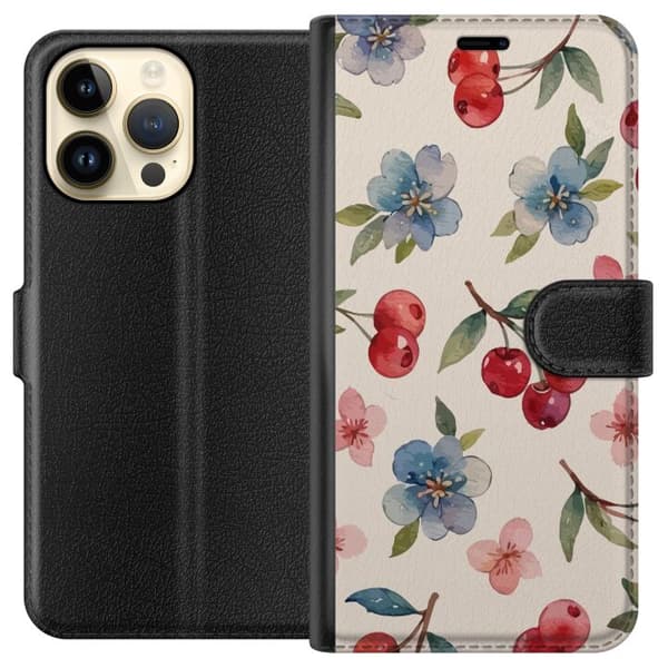 Apple iPhone 15 Pro Max Lompakkokotelo Marjat & Kukat - kuvio, jossa on sinisiä kukkia ja metsänmarjoja