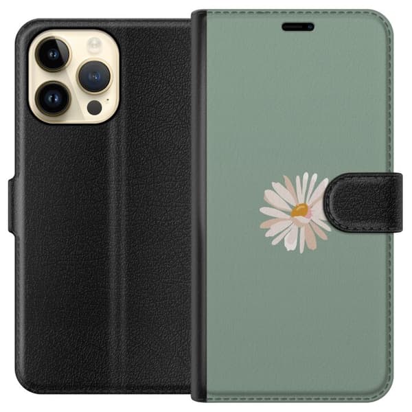 Apple iPhone 15 Pro Max Lompakkokotelo Vihreä Minimalikukka - tyylikäs kukka vihreällä taustalla