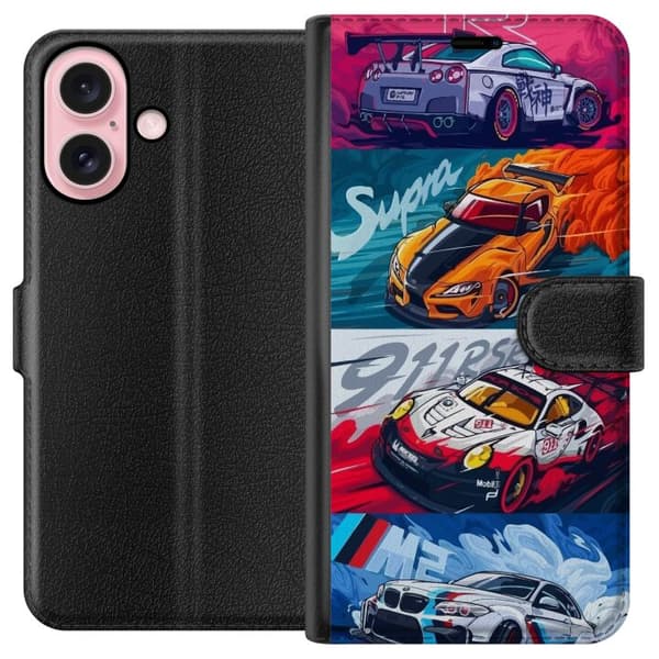 Apple iPhone 16 Lompakkokotelo Nopeat Autot - Piirretty Kuvio Toiminnalla