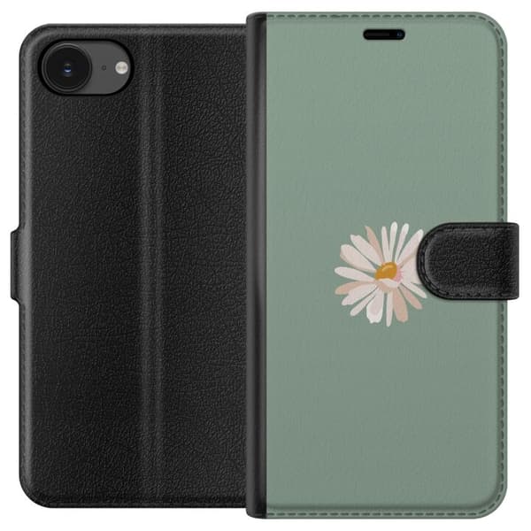 Apple iPhone 16e Lompakkokotelo Vihreä Minimalikukka - tyylikäs kukka vihreällä taustalla