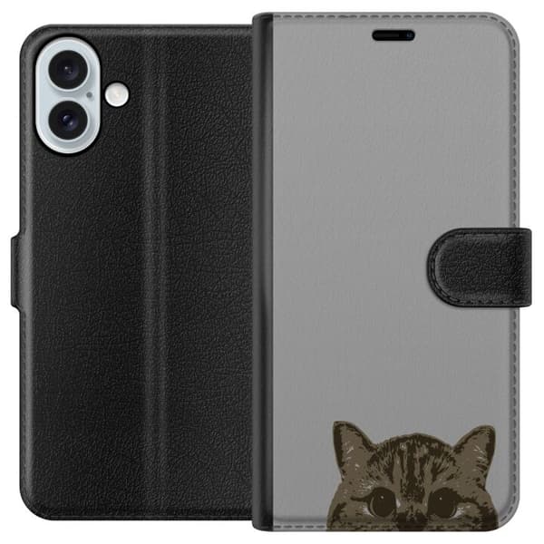 Apple iPhone 16 Plus Tegnebogsetui Grå Katteblik - stilfuld kat design med grå baggrund