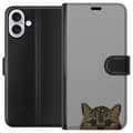 Miniatyrbillede 1 af 3: Apple iPhone 16 Plus Tegnebogsetui Grå Katteblik - stilfuld kat design med grå baggrund