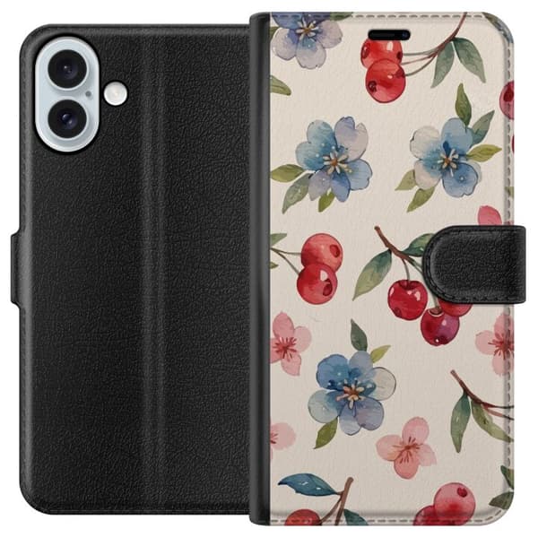 Apple iPhone 16 Plus Tegnebogsetui Bær & Blomster - mønster med blå blomster og skovbær