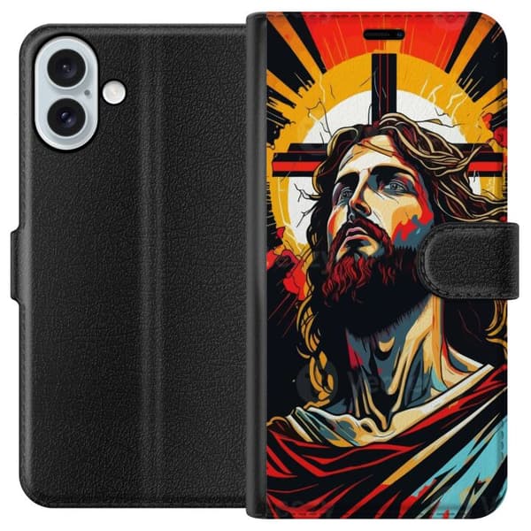 Apple iPhone 16 Plus Lompakkokotelo Jeesus ja Kortti - uskonnollinen motiivi syvällä symboliikalla