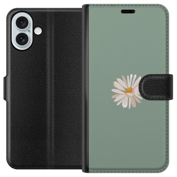 Apple iPhone 16 Plus Lommeboketui Grønn Minimalblomst - stilren blomst på grønn bakgrunn