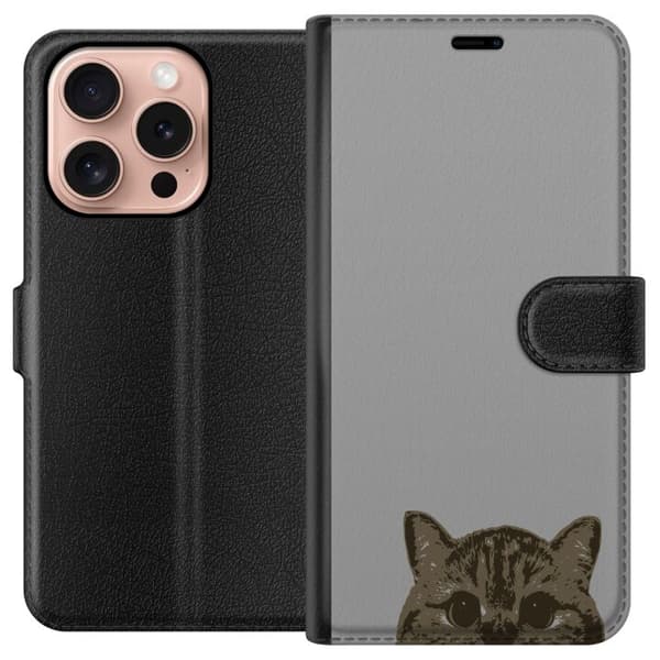 Apple iPhone 16 Pro Plånboksfodral Grå Kattblick – stilren kattdesign med grå bakgrund