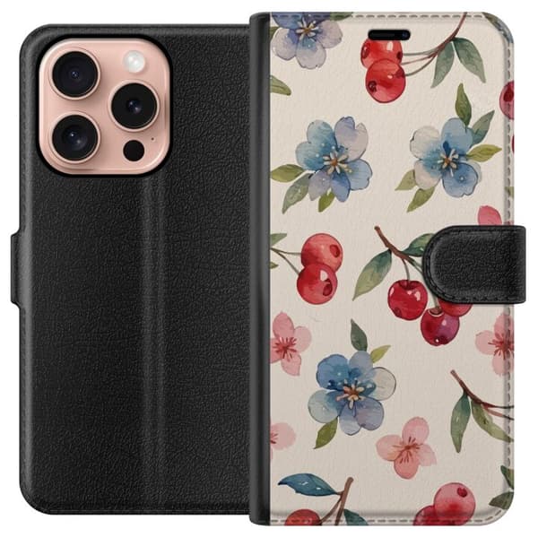 Apple iPhone 16 Pro Tegnebogsetui Bær & Blomster - mønster med blå blomster og skovbær