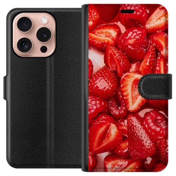 Apple iPhone 16 Pro Plånboksfodral Jordgubbsmönster – sött motiv med sommarkänsla