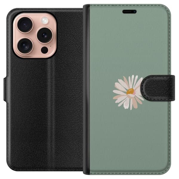 Apple iPhone 16 Pro Lommeboketui Grønn Minimalblomst - stilren blomst på grønn bakgrunn