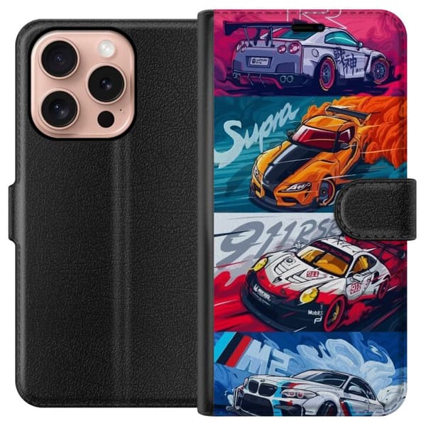 Apple iPhone 16 Pro Lommeboketui Fartfylte Biler - Tegnet Mønster med Action