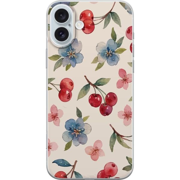 Apple iPhone 16 Plus Läpinäkyvä kuori Marjat & Kukat - kuvio, jossa on sinisiä kukkia ja metsänmarjoja