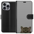 Miniatyrbild 1 av 3: Apple iPhone 16 Pro Max Plånboksfodral Grå Kattblick – stilren kattdesign med grå bakgrund