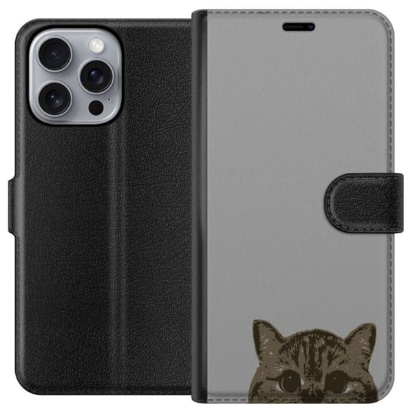 Apple iPhone 16 Pro Max Plånboksfodral Grå Kattblick – stilren kattdesign med grå bakgrund