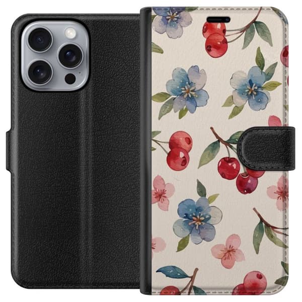 Apple iPhone 16 Pro Max Tegnebogsetui Bær & Blomster - mønster med blå blomster og skovbær
