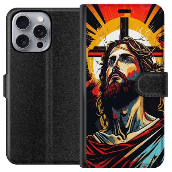 Apple iPhone 16 Pro Max Tegnebogsetui Jesus & Kort - religiøst motiv med dyb symbolik