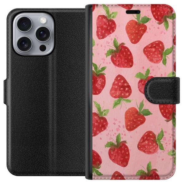 Apple iPhone 16 Pro Max Plånboksfodral Strawberry Dreams – jordgubbsmönster i retrostil