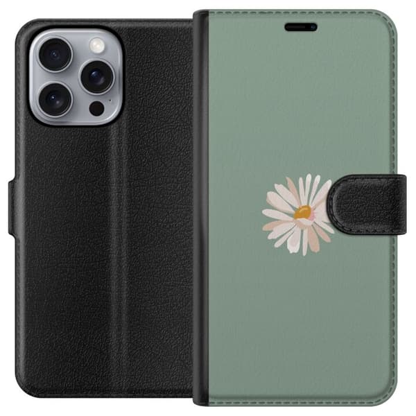 Apple iPhone 16 Pro Max Tegnebogsetui Grøn Minimalblomst - stilfuld blomst på grøn baggrund