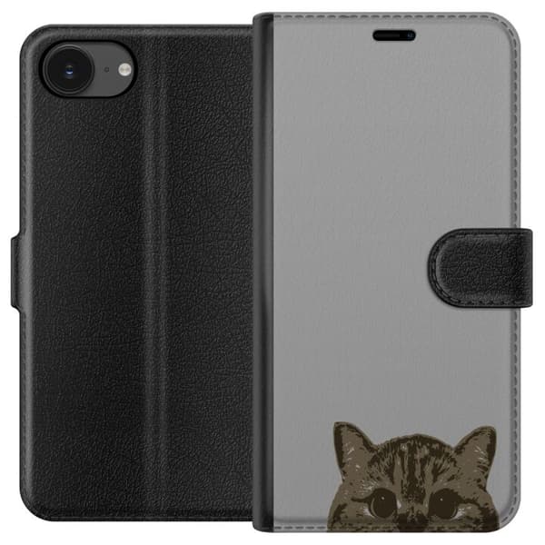 Apple iPhone 16e Tegnebogsetui Grå Katteblik - stilfuld kat design med grå baggrund
