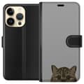 Miniatyrbillede 1 af 3: Apple iPhone 15 Pro Tegnebogsetui Grå Katteblik - stilfuld kat design med grå baggrund
