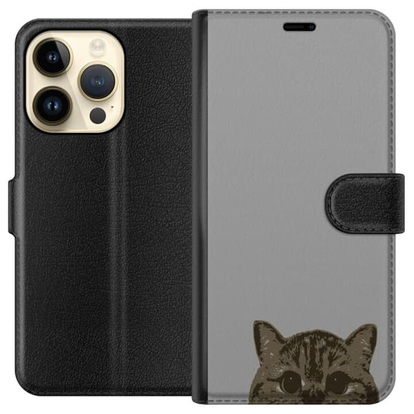 Apple iPhone 15 Pro Lompakkokotelo Harmaa kissan katse - tyylikäs kissa suunnittelu harmaalla taustalla