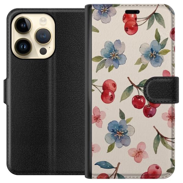 Apple iPhone 15 Pro Tegnebogsetui Bær & Blomster - mønster med blå blomster og skovbær