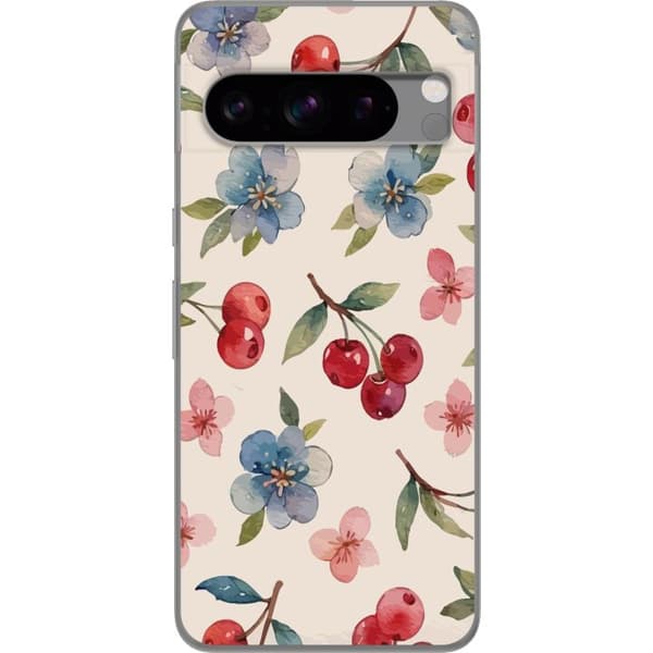 Google Pixel 8 Pro Gennemsigtig cover Bær & Blomster - mønster med blå blomster og skovbær