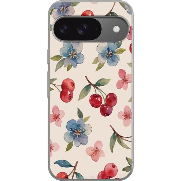 Google Pixel 9 Gjennomsiktig deksel Bær & Blomster - mønster med blå blomster og skogsbær