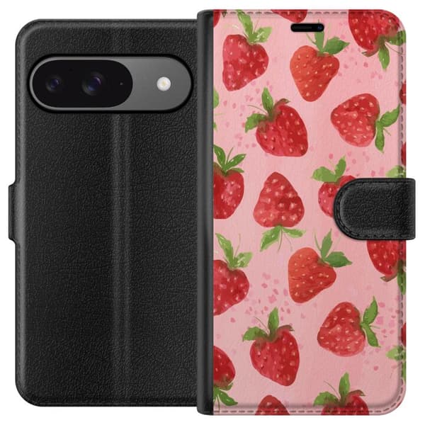 Google Pixel 9 Pro Tegnebogsetui Jordbærdrømme - Retro-stil jordbærmønster