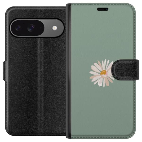 Google Pixel 9 Pro Tegnebogsetui Grøn Minimalblomst - stilfuld blomst på grøn baggrund