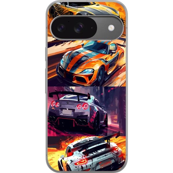 Google Pixel 9 Pro Gennemsigtig cover Rallyfeber - fartfyldt motiv med rallybiler
