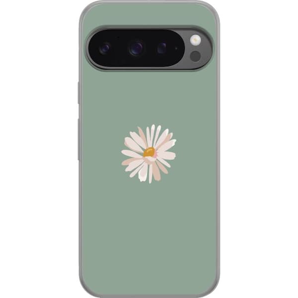 Google Pixel 9 Pro XL Gjennomsiktig deksel Grønn Minimalblomst - stilren blomst på grønn bakgrunn
