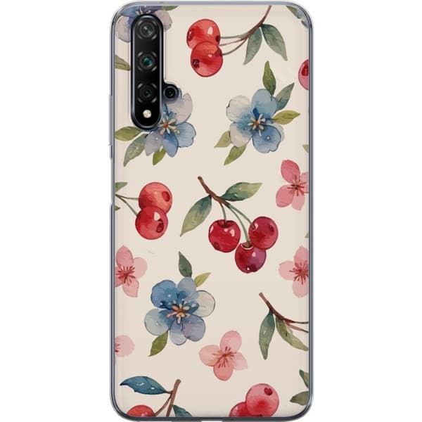 Huawei nova 5T Läpinäkyvä kuori Marjat & Kukat - kuvio, jossa on sinisiä kukkia ja metsänmarjoja