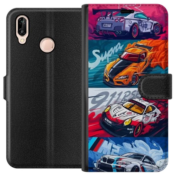 Huawei P20 lite Lompakkokotelo Nopeat Autot - Piirretty Kuvio Toiminnalla