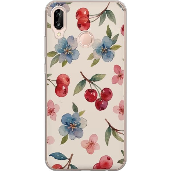 Huawei P20 lite Gennemsigtig cover Bær & Blomster - mønster med blå blomster og skovbær
