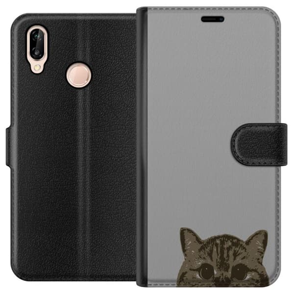 Huawei P20 lite Plånboksfodral Grå Kattblick – stilren kattdesign med grå bakgrund